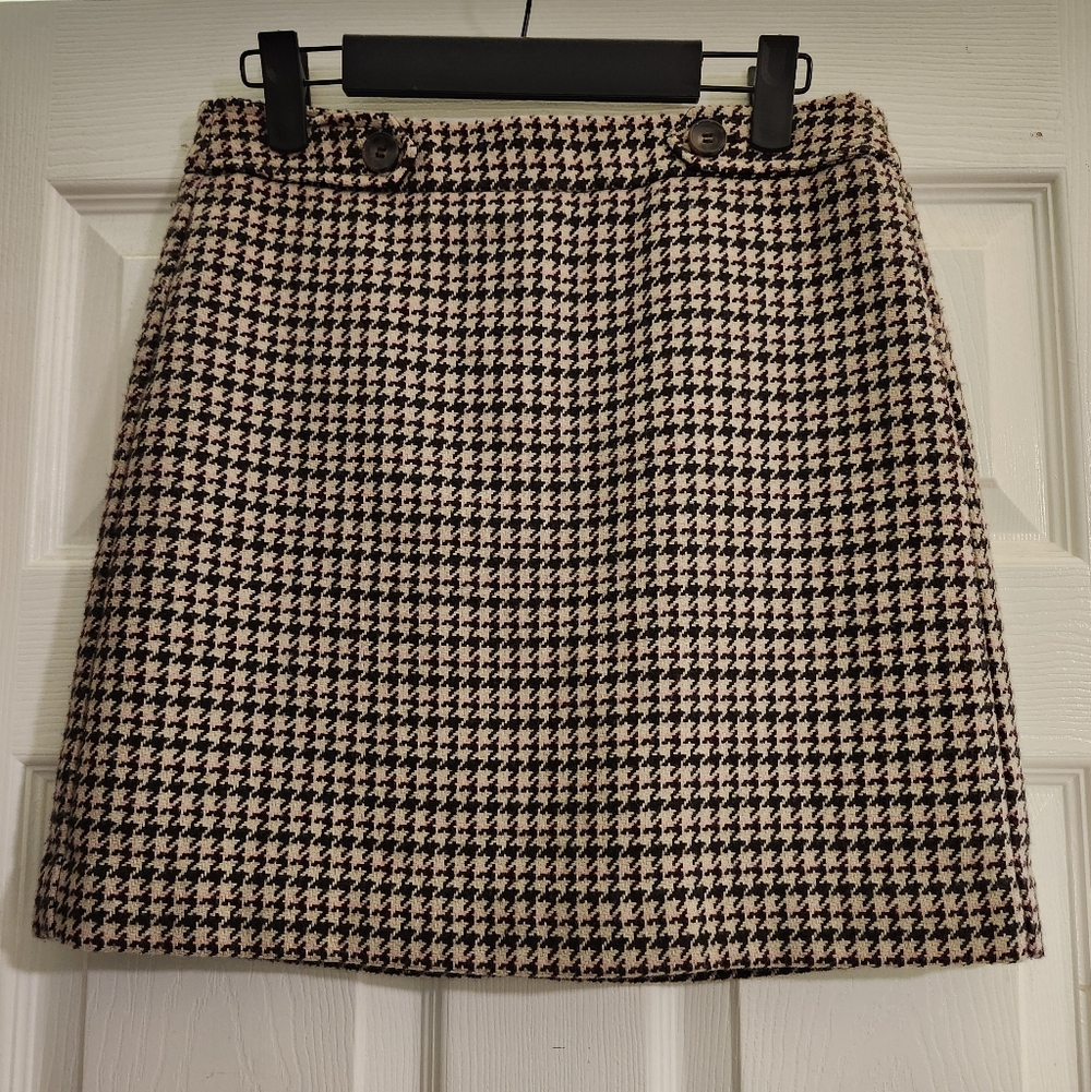 LOFT Brown and Cream Houndstooth Button Front Wool Blend Mini Skirt Size 2